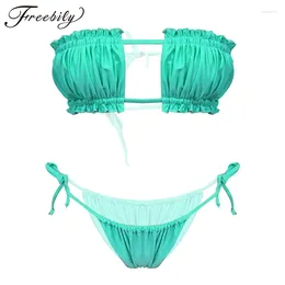 Women's Swimwear Women Sexy Swimsuit Solid Colour Tie-on Bikini Set Ruffle Bandeau Top With Cheeky Thong Bottoms Bathing Suit