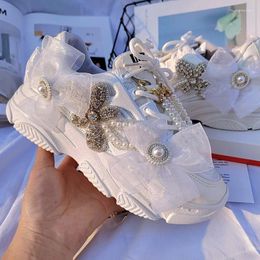 Casual Shoes Luxury Pearls Beaded For Women's Chunky White Sneakers Rhinestones Ladies Running Fashion Tennis Sports