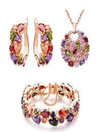 Fashion Multicolour Cubic Zirconia Earrings Necklace Pendant Bracelet Rose Gold Plated Jewelry Sets Women Girl039s Gift11515461731687