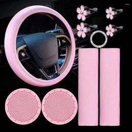 Steering Wheel Covers 10 Pcs Leather Car Cover For Women Accessories Set With Seat Belt Shoulder Pads Cup Holders Decorations