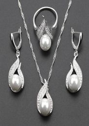 925 Silver Color S Shaped imitation White Pearl Jewelry Set For Women Christmas Gift Silver Color Necklace Earring Ring js314697954