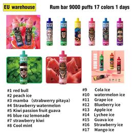 Original 100% Rum Bar 9000 Puffs Shipping from European warehouses Disposable E Cigarettes Vape Pen Airflow puff 9k 2% 5% Rechargeable Battery 18ml 17Colors