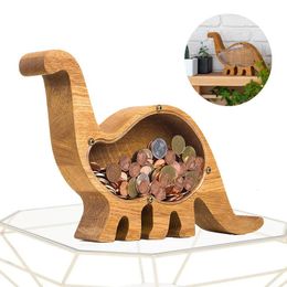 Dinosaur Piggy Bank Natural Oak Wood Money Saving Box Transparent Organic Glass Side Christmas Birthday Gift Home Decoration 240408