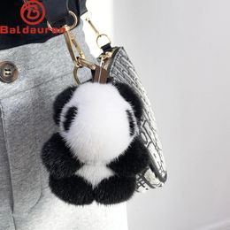 Women Bag Charm Trinkets Car Metal Key Rings Rear View Mirror Ornaments Cute Real Mink Fur Keychain Plush Panda Pendant Kids Toy 240418