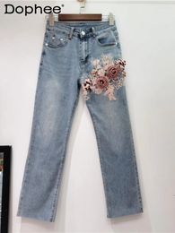 Women's Jeans Denim Ankle-Length Pants 2024 Spring Fashion Retro Style Light Blue Straight Embroidery Beads Plate Flower Women