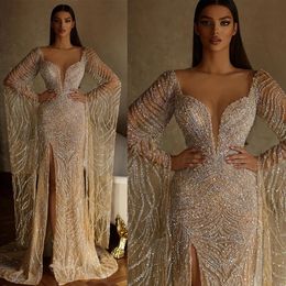 Saudi Arabia Haute Couture Mermaid Wedding Dresses Illusion High Split wedding dress Bridal Gowns Bride Princess Celebrity Beads Sequins Robes robe de mariage