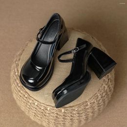 Casual Shoes Black Women's Mary Jane Leather Platform Buckle High Heels Chunky Heel Thick-soled Round Toe Lolita Pumps Quality