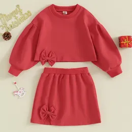 Clothing Sets 2PCS Kid Girls Skirt Spring Autumn Clothes Long Puff Sleeve Side Bow Sweatshirt And Split Set Baby