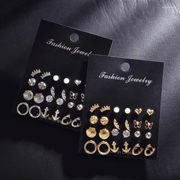 Stud Earrings 12pairs/set Crystal Zircon Simluated Pearl Heart Set 2024 For Women Girl Mixing Jewellery Gold Silver Colour