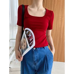 luxi summer new solid Colour short square neck short sleeve tshirt womens high waist slim dew collarbone top 237