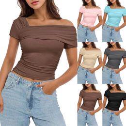 Women's Polos One Shoulder Short Sleeve Top Pleated Going Out Slim Fit Shirt Cropped Women Silk Work Tops