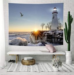 Tapestries Lighthouse Tapestry Nautical Ocean Waves Rocks Seaside In Sunset Wall Hanging Art Decor For Bedroom Living Room Dorm