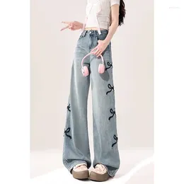 Women's Jeans Retro Blue Women High Waist American Street Wide Leg Pants 90s Design Straight Baggy Denim Bow Trousers