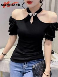 MadBlack Summer Womens T-Shirt Fashion Sexy Off The Shoulder Halter Short Sleeved Tops Elegant Slim Blusas T29614S 240416