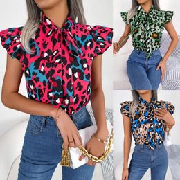 Women's Blouses Leopard Print Chiffon Shirt V Neck Tie Bow Casual Summer Tops Lotus Leaf Sleeve Female Blouse