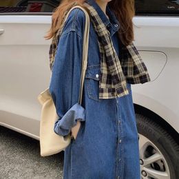 Casual Dresses Loose Denim Dress Women Long Autumn Vintage Sleeve Single-breasted Straight Korean Chic