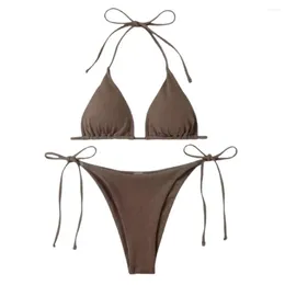 Women's Swimwear 2Pcs/Set Ribbed Backless Pads Bikini Set Women Bath Suit Halter Triangle Bra Side Tie Thong Beachwear Sets