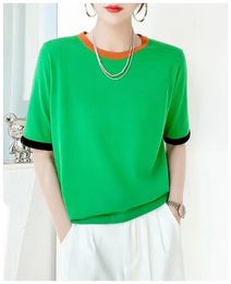 Contrast color collar cuff ice silk top women simple loose round short sleeve knit Tshirt trend 240416