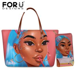 Buckets FORUDESIGNS Black Art African Girl Printing Tote Bags for Women Brand Design Handbags Ladies Shoulder Tophandle Bag with Wallet