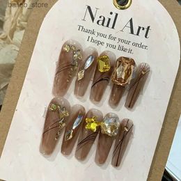 False Nails 10pcs Detachable graident brown ballet Fake Nails with Rhinestone Long Coffin artificial Nails with glue Full Cover false Nails Y240419JMKJ