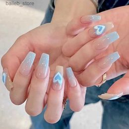 False Nails 24 pieces of gradient blue ballet dancer fake nails heart-shaped design coffin square fake nail art tools complete set pressing nail tips Y240419KD2K