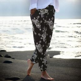 Women's Pants Floral Print Slim Fit Pencil Lady Slight Strech Elastic Waist Calf-Length Female Flowers Beach Ankle-tied Trousers