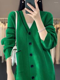 Women's Knits Autumn Winter Women Cardigan Merino Wool V-neck Thick Warm Casual Sweater Long Sleeve Loose Cashmere Knitwear Korean Style