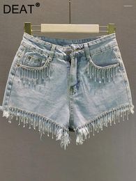 Women's Jeans Denim Shorts High Waist Light Blue Tassel Diamonds Burrs Loose Wide Leg Short 2024 Summer Fashion 29L1690