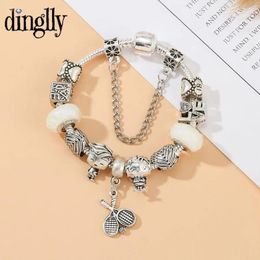 Charm Bracelets Dinglly Tennis Racket For Women Men Original Boy Girl Heart LOVE Beaded Silver Color Bangle Couple Jewelry Gifts