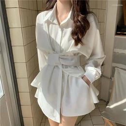 Casual Dresses Korean One Piece White Shirt Dress Women Office Ladies Elegant Tunic Blouse Irregular Long Sleeve High Waist