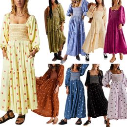 Womens Flower Embroidered Long Dress Bodycon Lantern Sleeve Square Neck Tiered Flowy Bohemian Summer Beachwear Dresses 240419