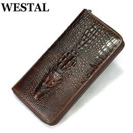 Wallets WESTAL Croco Pattern Men's Leather Wallet Vintage Phone for Bag Wallet with Coin Pockets Money Bags