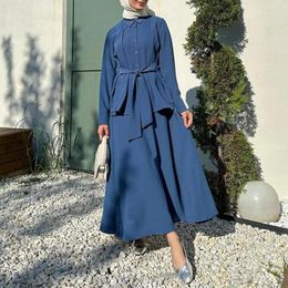 Ethnic Clothing Eid Muslim 2 Piece Set Women Ensemble Lace-up Shirts And Pants Dubai Single Breasted Button Blouse Skirts Two Pieces