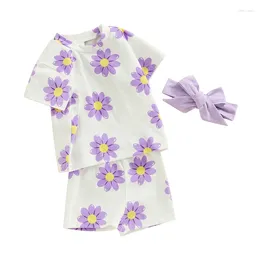 Clothing Sets Toddler Baby Girls Shorts Set Flower Print Short Sleeve T-shirt Elastic Waist With Hairband Cute Summer Outfit