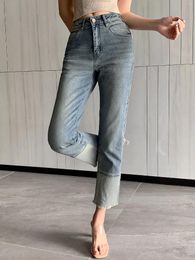 Women's Jeans SPLICING Y2K LIGHT BLUE SOFT NINE-POINT PANTS FOR WOMEN STRAIGHT LEG JEANS-FORGUNROSES