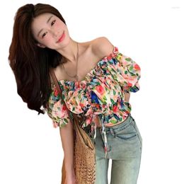 Women's Blouses Summer Women Cotton Lotus Collar Cropped Tops Sleeves Vintage Floral Printed Chic Party Club