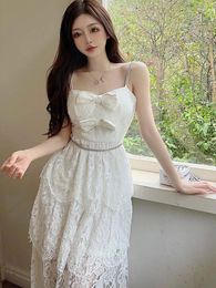 Casual Dresses Fashion Sexy White Lace Suspender Women Elegant Bow Slim Backless Dress Female Summer Evening Party Ladies Vestidos