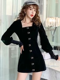 Casual Dresses Spring Autumn Black Velvet Square Collar Mini Dress Women Long Sleeve Bodycon Chic Luxury 2024 Korean Vintage Party