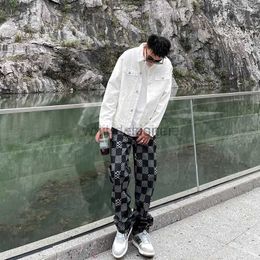 Мужские джинсы дизайнерские джинсы осенние уличные шахматичные джинсы мужская модная бренда Instagram Loose Straight Casual Bans