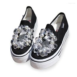 Casual Shoes Rhinestones Pearls Beaded Women Platform Sneakers Black Canvas Slip On Chunky Creepers Thick Bottom Personality Wedding