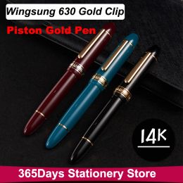 Pens Wing Sung 630 Fountain Pen 14K Gold Nib Wave Long Knife Nib Piston Gold Clip Resin Pen Stationery Business Writing Gifts