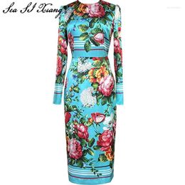 Casual Dresses Seasixiang Fashion Designer Spring Silk Pencil Dress Women O-Neck Long Sleeve Floral Print Elegant Party