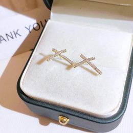 Stud Earrings Geometric Cross Crystal Concise Diamonds Gemstones For Women 18k Gold Filled Jewelry Ins Trendy Accessories