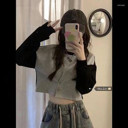 Women's T Shirts Autumn Winter Vintage Crop Top Spliced Hit Color Long Sleeve Women O Neck Fashion Sweet Cool Buttons Design Oversized