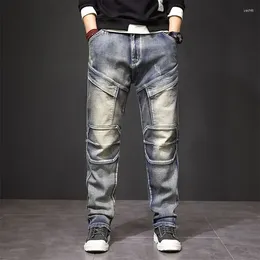 Men's Jeans Trousers With Pockets Motorcycle Male Cowboy Pants Spliced Cargo For Men Straight Regular Spring Autumn In Denim Kpop