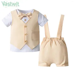 Clothing Sets Toddler Boys Formal Gentleman Suit White T-shirt With Bow Tie Waistcoat Suspender Shorts Set For Baptism Birthday Party