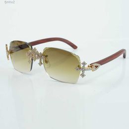 New Cross Fully Inlaid Diamond Factory Glasses 3524018 Sunglasses Natural Original Wood Legs and 58 Mm Cut Lenses