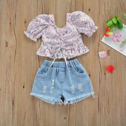 Clothing Sets FOCUSNORM 1-7Y Infant Kids Girls Sweet Clothes 2pcs Flowers Printed Ruffles Puff Sleeve T Shirts Tops Denim Shorts