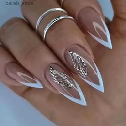 False Nails 24Pcs Long Stiletto Almond False Nails with Sky Wings Design French Wearable Fake Nails Art Square Full Cover Press on Nail Tips Y240419