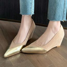 Dress Shoes Women's Wedge Pumps Natural Suede Leather Mix Color Patchwork OL Style Casual Female High Heeled Quality For Women